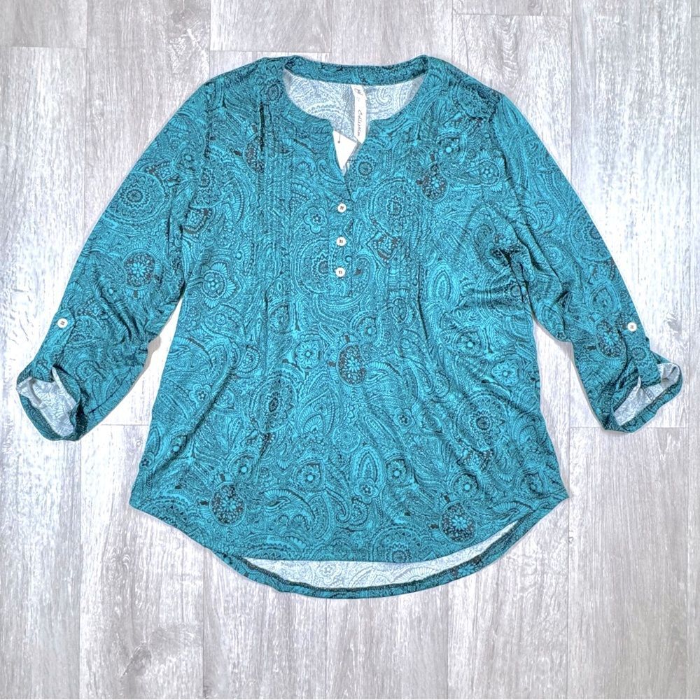 Women's S NWT Green Paisley Print 3/4 Sleeve Top Petite New